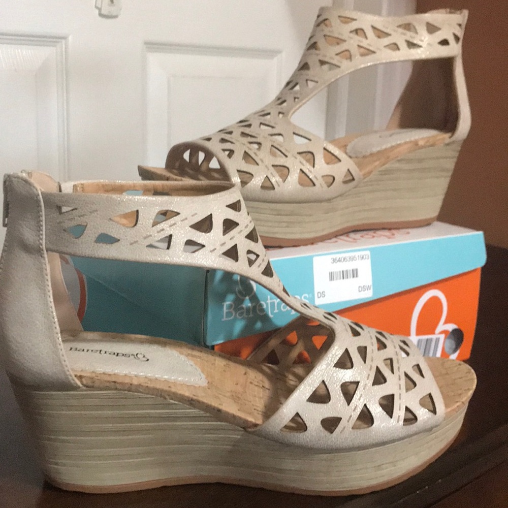 Beige and gold baretraps wedges